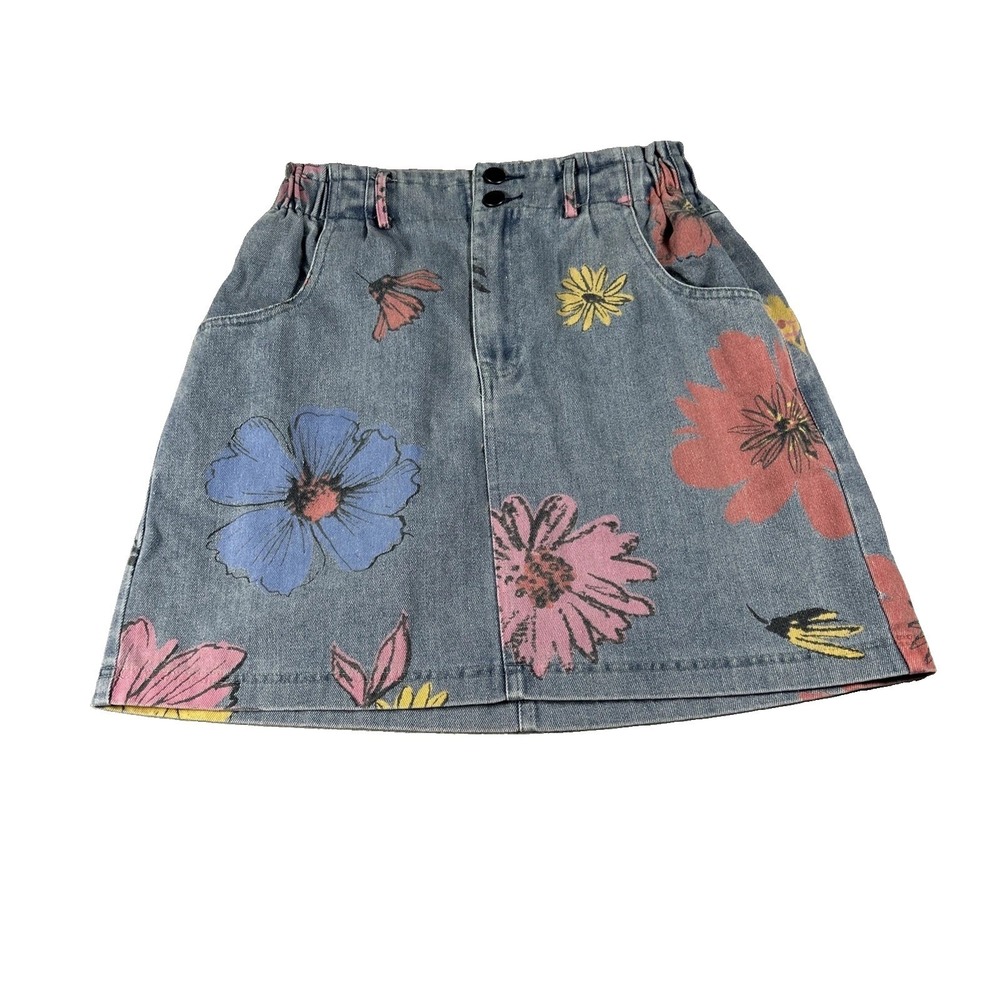 She + Sky Floral Skirt Womens Blue Denim Mini Jean Skirt Small New